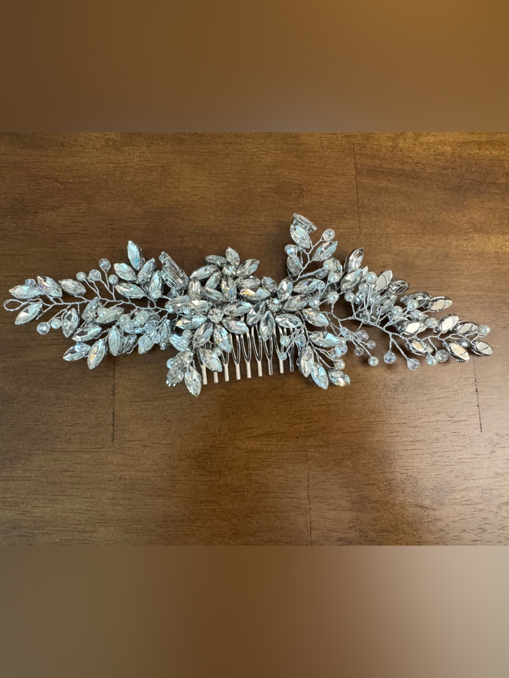 Silver Crystal Bridal Hair Comb - Elegant Leaf Design